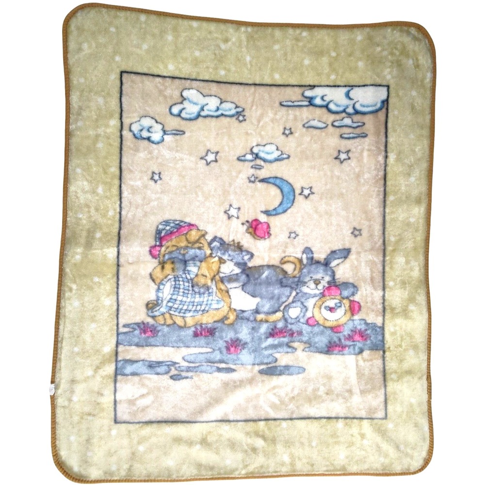 Vtg Mink Yellow‎ Dog Cat Bunny Clouds Blanket 45x52 Clock Polka Dots Soft